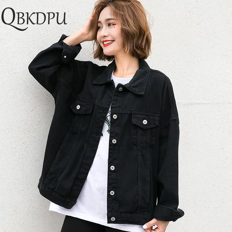 Женская джинсовая куртка в стиле Харадзюку черная Повседневная большого размера