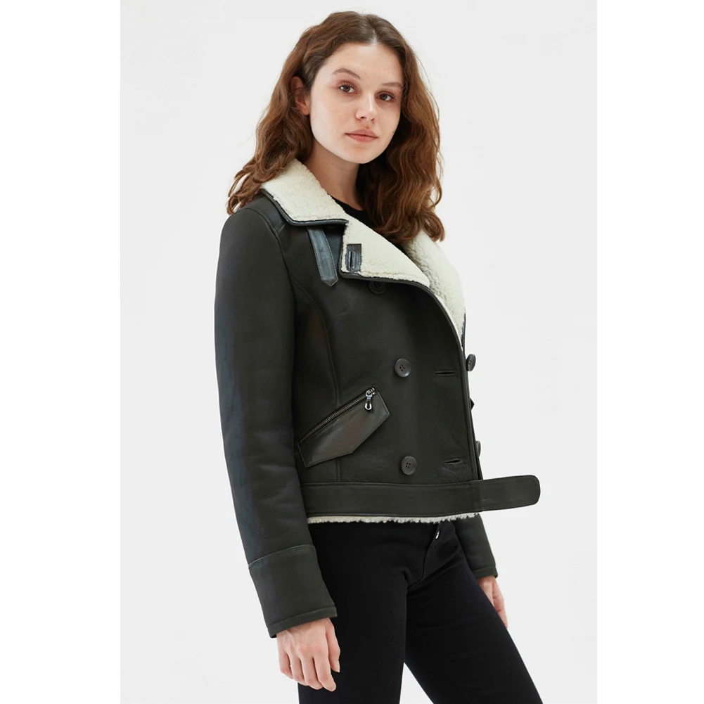 Womens Casual Shearling Jacket Turkey Sheepskin Coat Dark Green Leather Jacket Short Fur Jacket Womens Coats