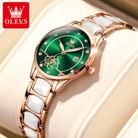 olevs simple fashion green camellia dial quartz watch ladies stainless steel ceramic strap luminous pointer waterproof watch