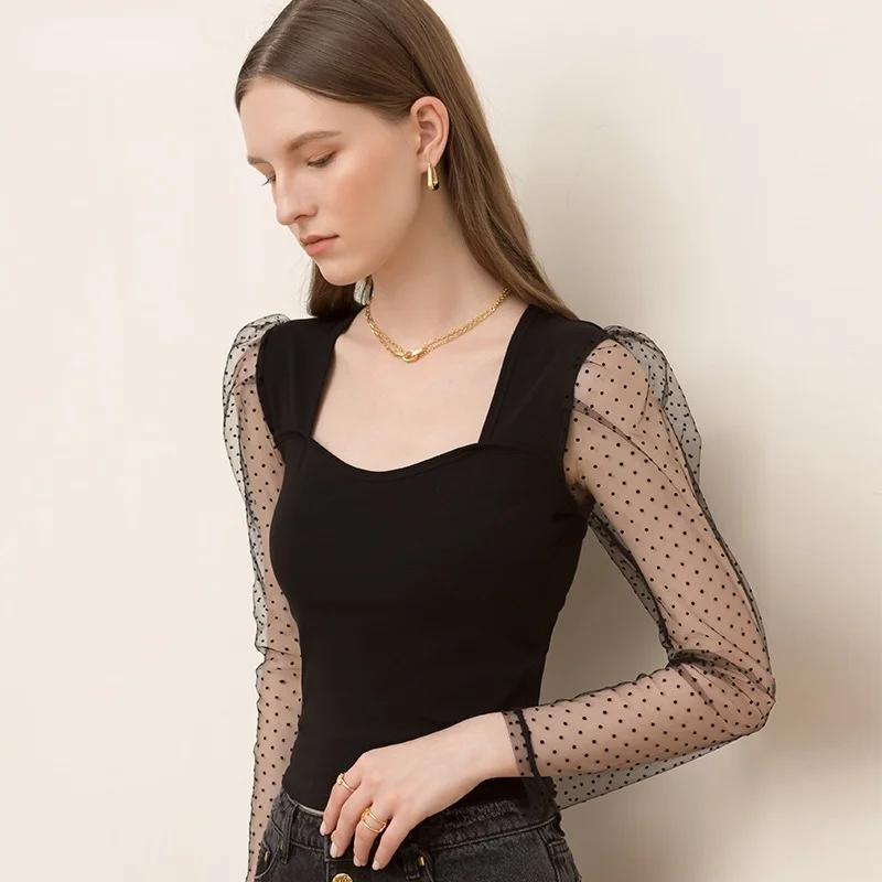

Donsignet New Fashion Square Neck Puff Sleeve Short Womens Top Solid Gauze Cotton Long Sleeves Womens Bottoming Shirt