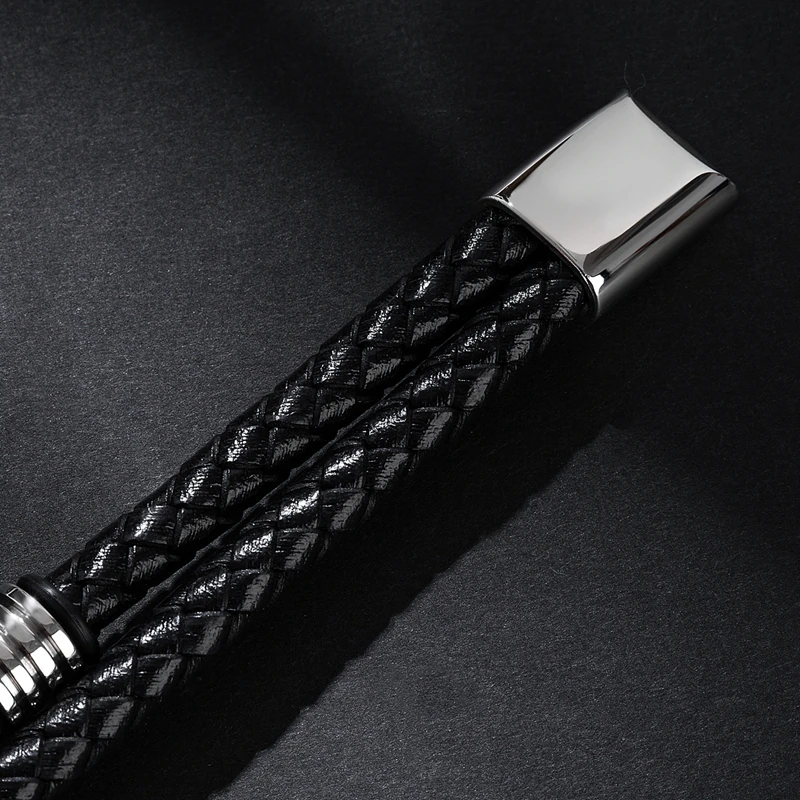 

MOZO FASHION HOT Sale Men Bracelet Braided Leather Rope Chain Stainless Steel Skull Bracelet Punk Bangle Skeleton Jewelry 189