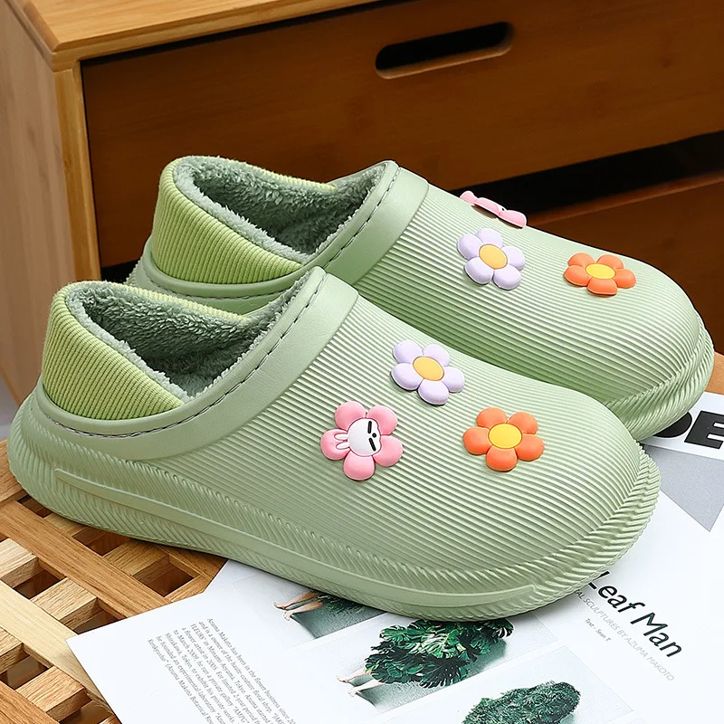 Cute Rabbit Winter Women Cotton Slippers Waterproof Warm Plush Non Slip  Home Slides Men Thick Sole Soft Indoor Couples Shoes