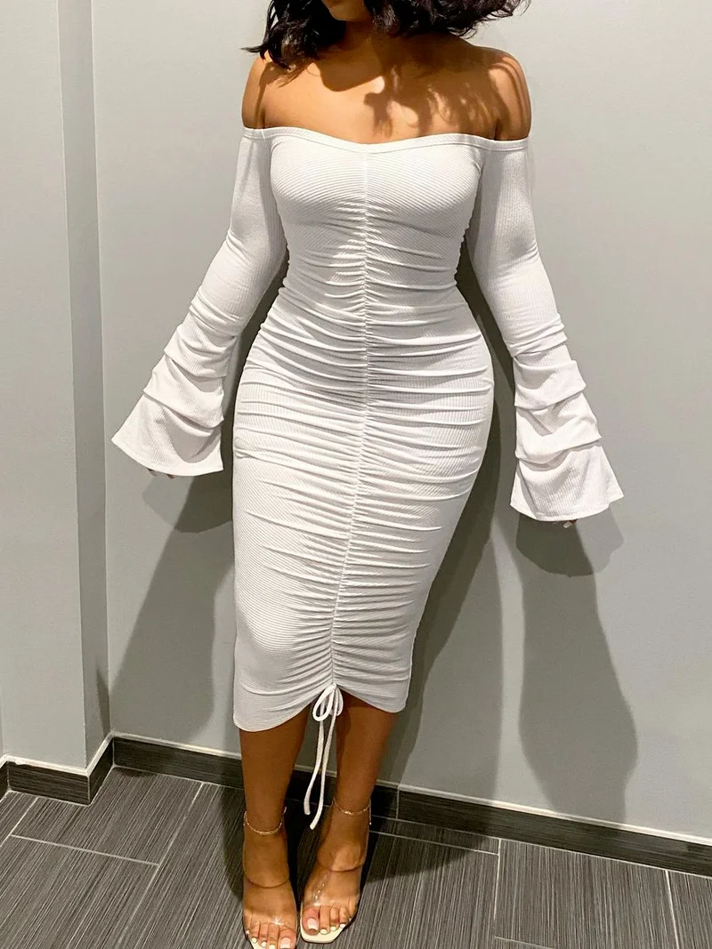 

2021 Indie Style Women Sexy Flare Sleeve Off Shoulder Bodycon White Dress Slash Neck High Waist Dress Partyt Night Clubwear New