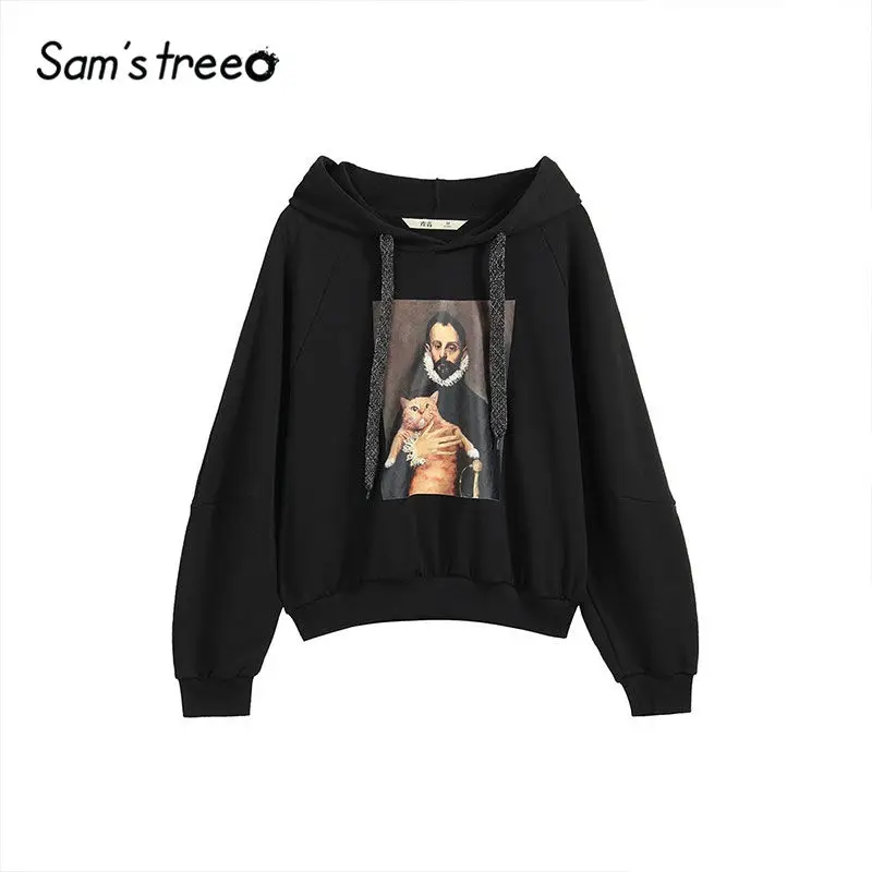 Samstree/черные толстовки на шнурке с принтом из мультфильма; Женская толстовка для отдыха в стиле ретро; коллекция года; сезон осень; Белая Спортивная повседневная женская уличная одежда