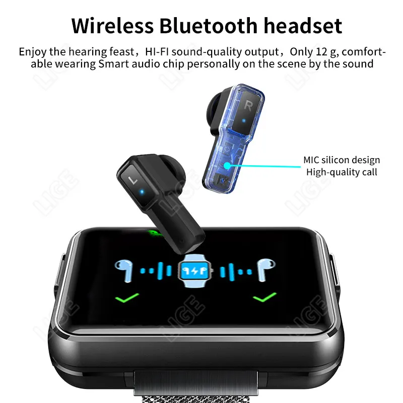 LIGE 2in1 TWS наушники Смарт-часы Для мужчин Беспроводная Bluetooth-гарнитура Smartwatch Call