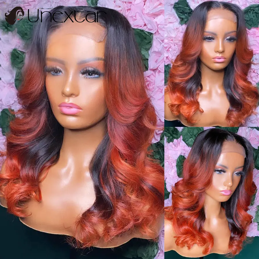 Unextar Human Hair Wig Ombre Orange Body Wave Wig 13x4 Lace Front Wig With Pre Set Hairline Brazilian Remy Hair for Black Women