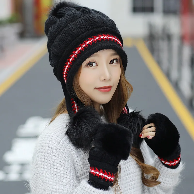 

2021 Hat Winter Women's Mask Hat for Girl Thick Soft Warm Fleece Inside Knitted Hat Scarf Sets Winter Riding Fashion Ski ​Cap