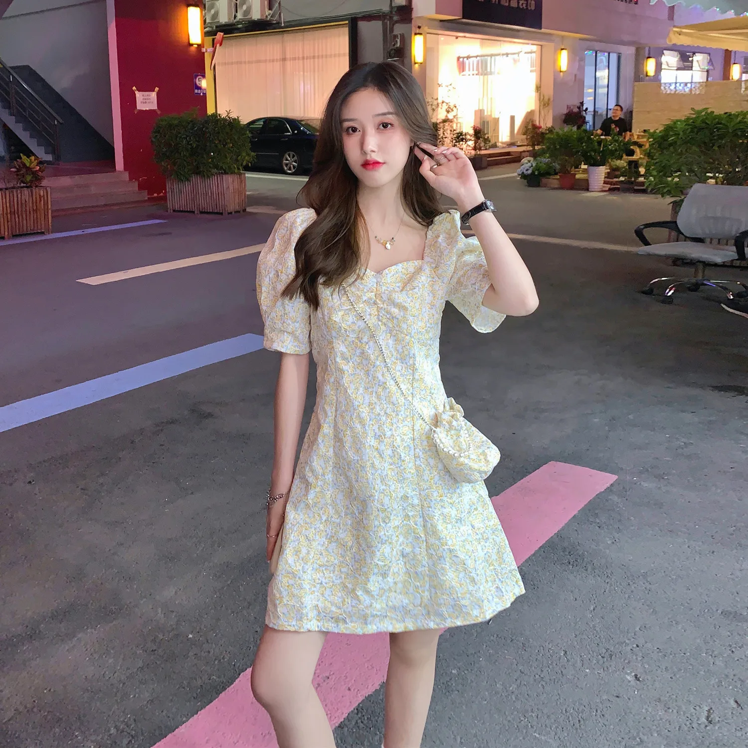 

Vintage Square Collar Mini Dresses for Women Short Puff Sleeve Sweet Floral Printed Bow One Piece Dress Korean Beach Elegant New