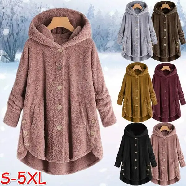 

Winter Coats Hooded Fleece Fluffy Button Warm Padded Jacket Women Casual Pocket Single Breasted Solid Parkas Outwear Plus Size