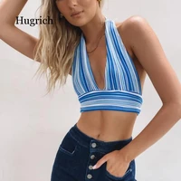 new womens striped deep v neck open back tie top spring and summer beach wear 2021