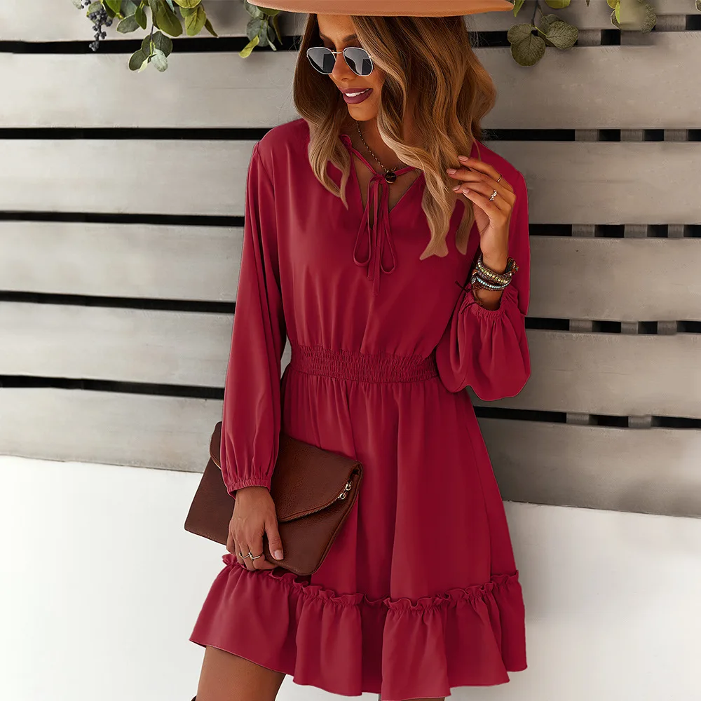 

Waist Dress 2021 Autumn And Winter Long-Sleeved Solid Color V-Neck High-Waist A-Line Short Temperament Commuting Lightly