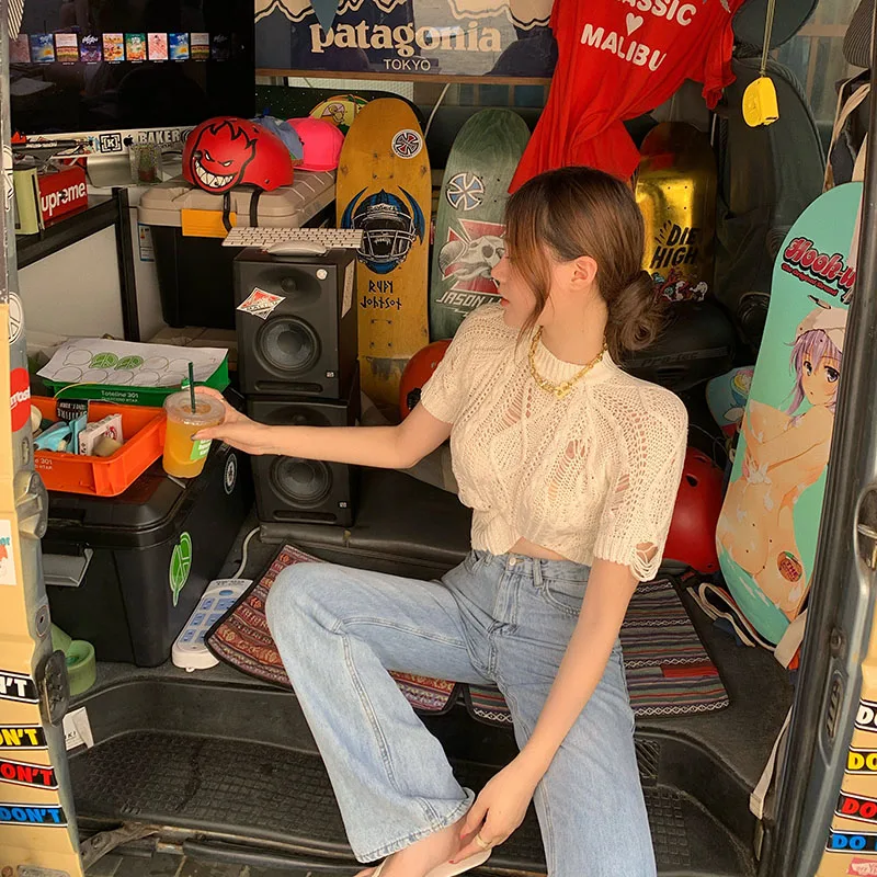 

Knitwear T-shirt Women's Design Sense Niche Sexy Hollow T-shirt Thin Short Slim Short Sleeve Top New In Summer 2021