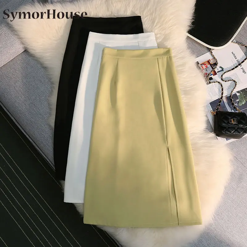 

Новая Офисная Женская юбка с разрезом, Элегантная универсальная юбка-трапеция средней длины с высокой талией для весны и осени