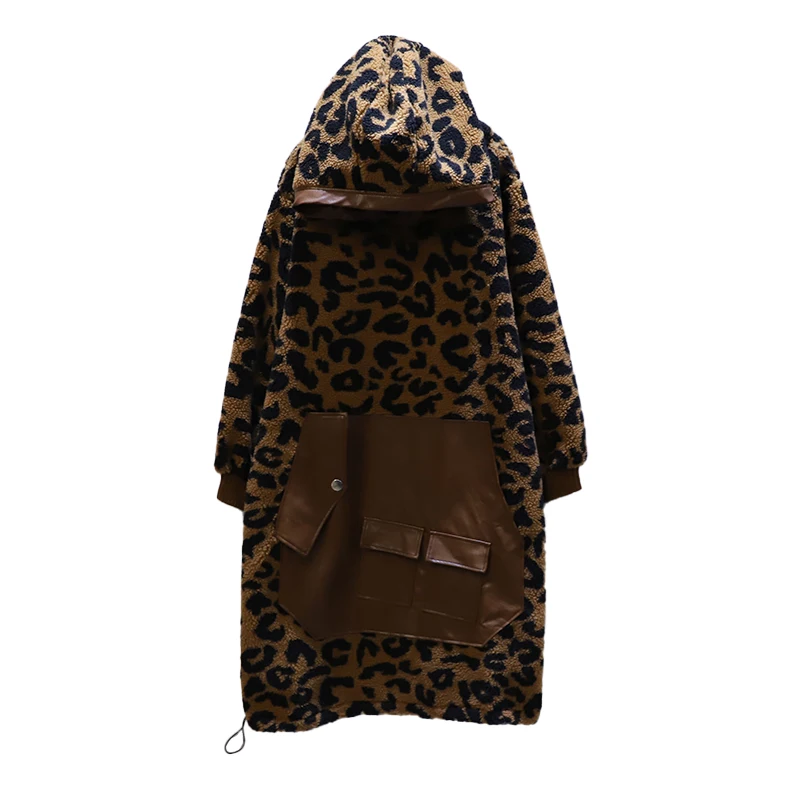 

2020 Women Hoodie Leopard Fashion Lady Patched PU Pockets Big Hooded Dress Warm Girls Streetwear Women Winter Sweatshirt