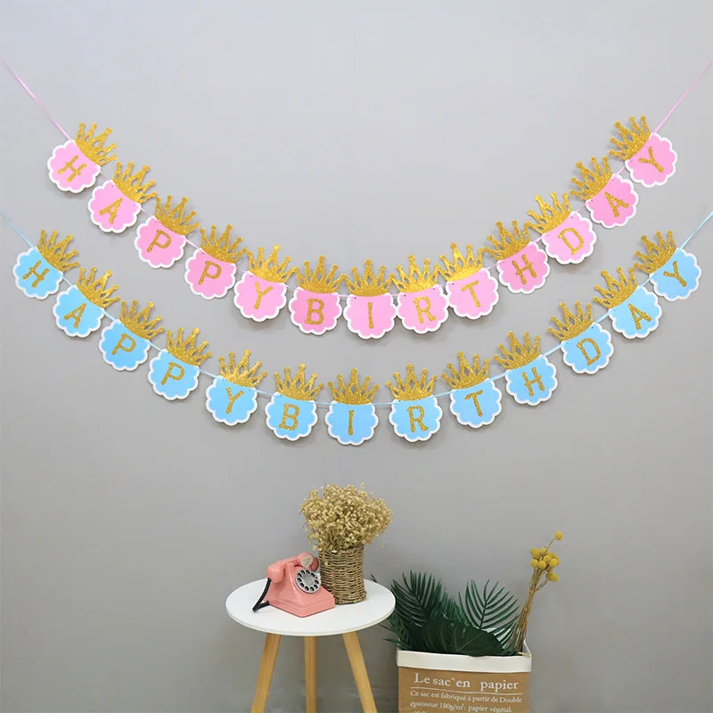 

13pcs Happy Birthday Banner Paper Bunting Hanging Garland Blue Pink Crown Flags Decoration Birthday Party Supplies Home Decor