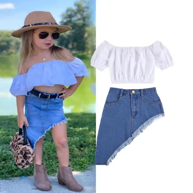 

Модная детская рубашка с коротким рукавом и открытыми плечами для маленьких девочек, с оборками на подоле, с боковым карманом, джинсовая юбк...