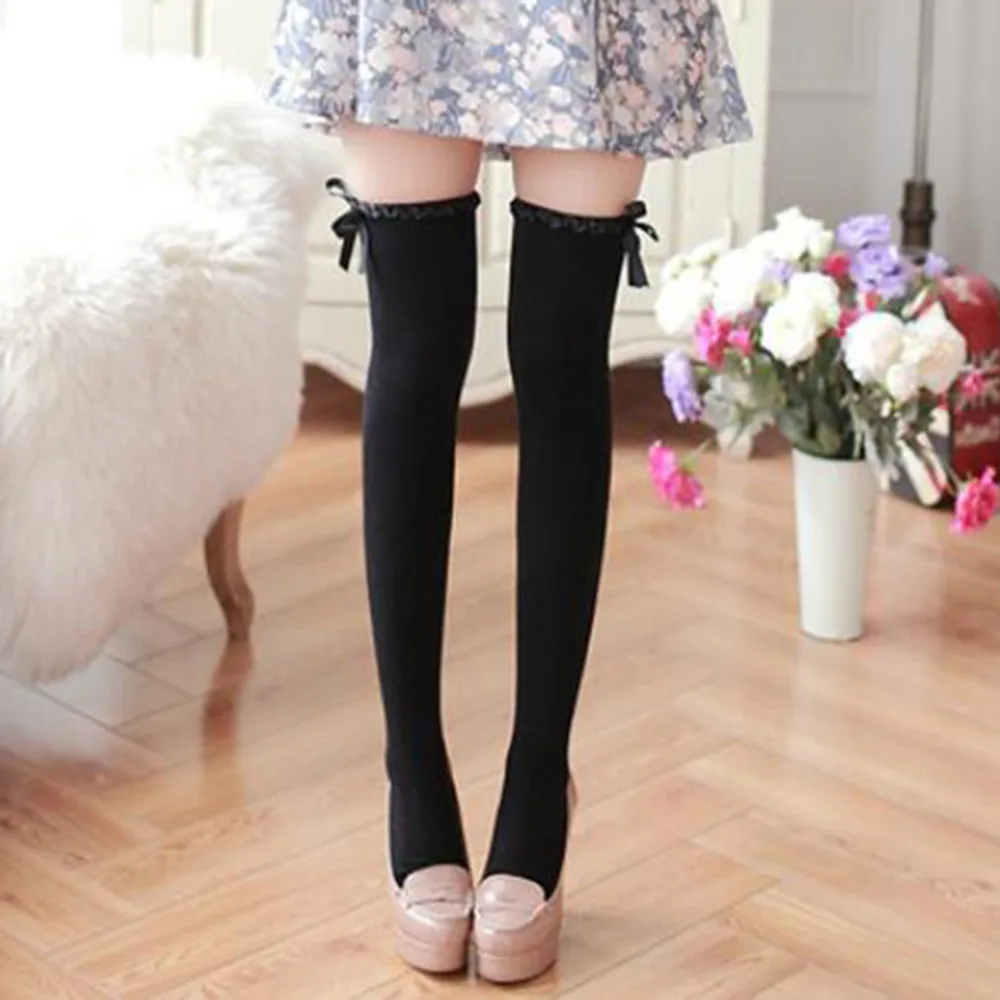 

Mi Mi store Wavy Lace Ribbon Bow Stockings Knee High Socks Cotton Bottoming Socks Women Japanese Korean Kawaii Long Stockings