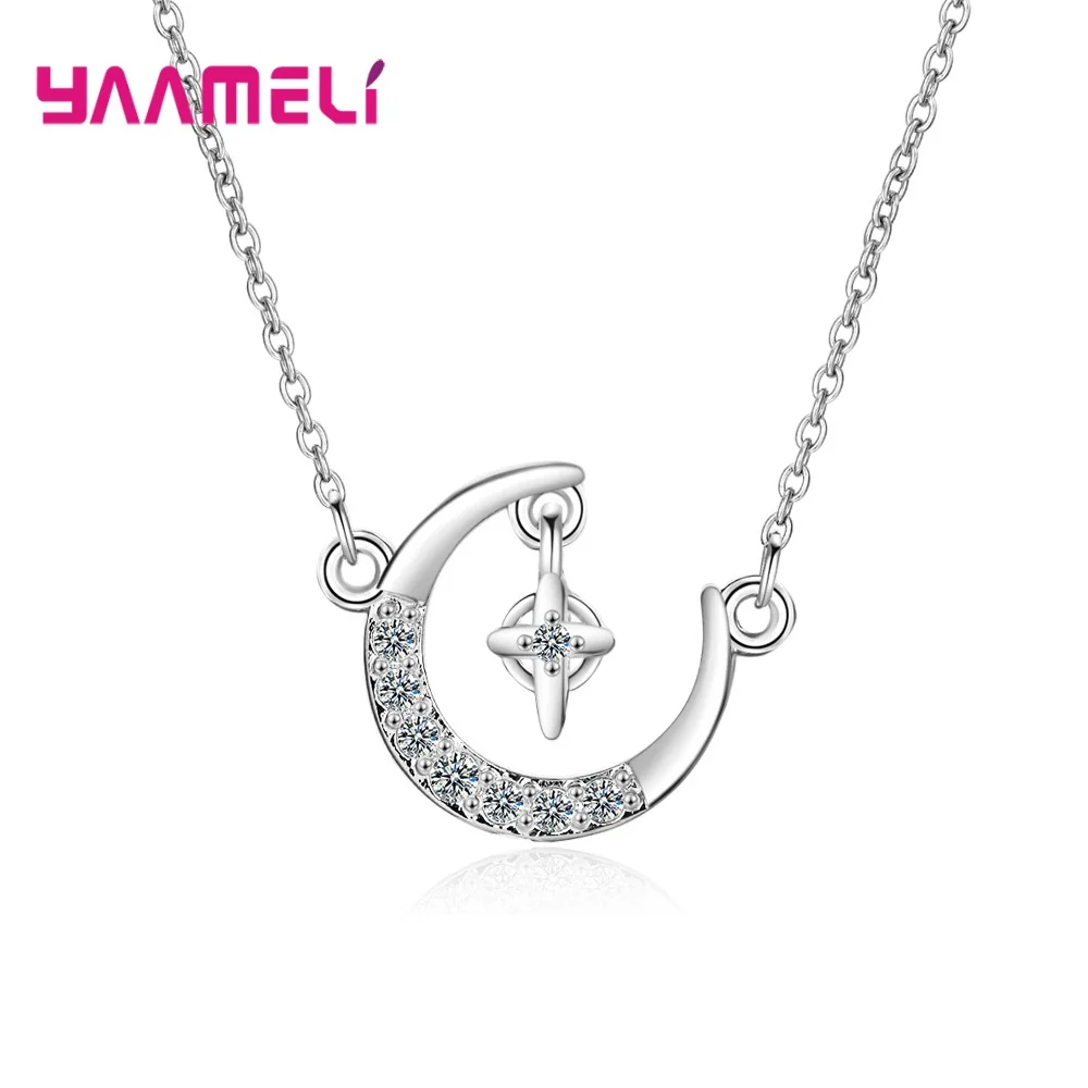 925 Sterling Silver Korean Simple Moon Star Pendant Necklace Charm Women Choker Jewelry Trendy Elegant Wedding Accessories | Украшения и