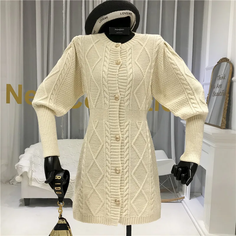 Женское вязаное платье свитер ALPHALMODA Элегантное однобортное во французском стиле