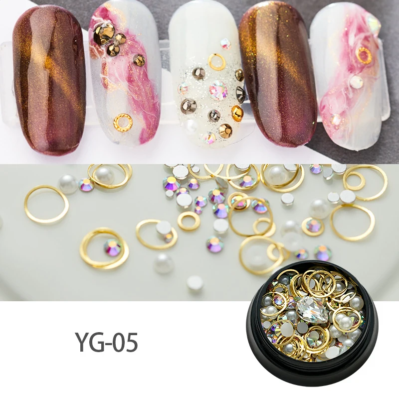 

RIKONKA 1Box 3D DIY Gold Silver Glass Nail Rhinestones Moon Star Series Round/Mixed Shape Nail Art Nail Jewelry Nail Decorations