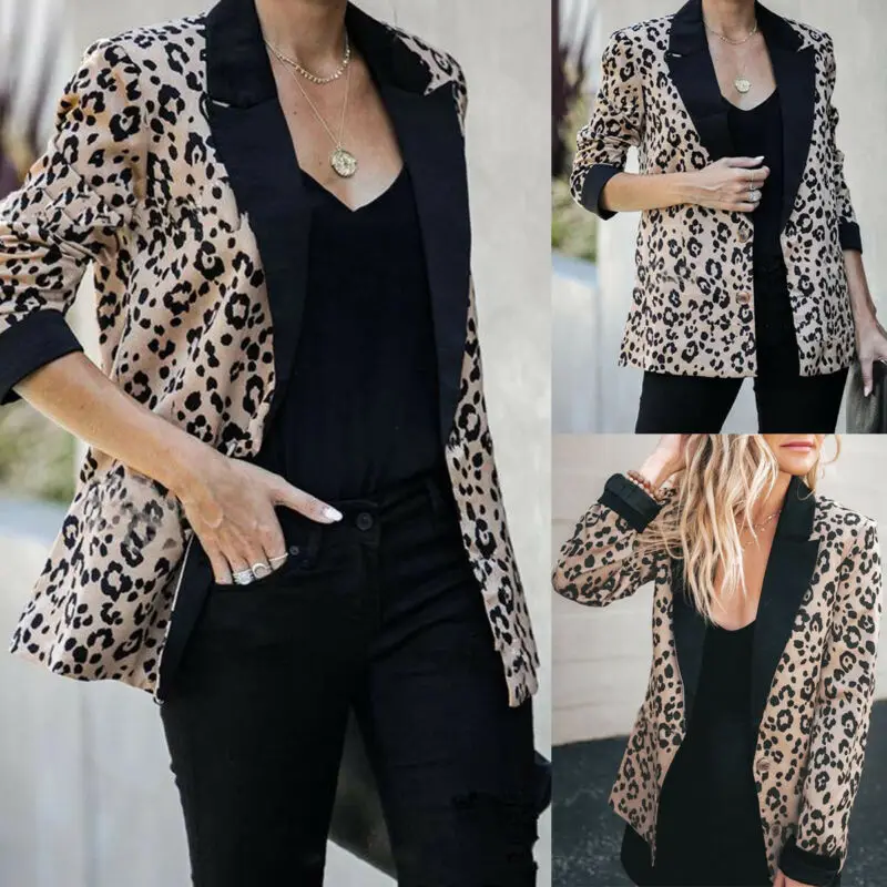 Блейзер женский с длинным рукавом Леопардовый принт длинный Повседневный пиджак