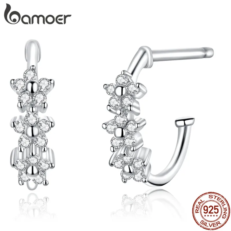 Bamoer, серьги-кольца с цветком, для женщин, натуральная 925 пробы, серебро, прозрачный Фианит, массивные Свадебные украшения для женщин, SCE756