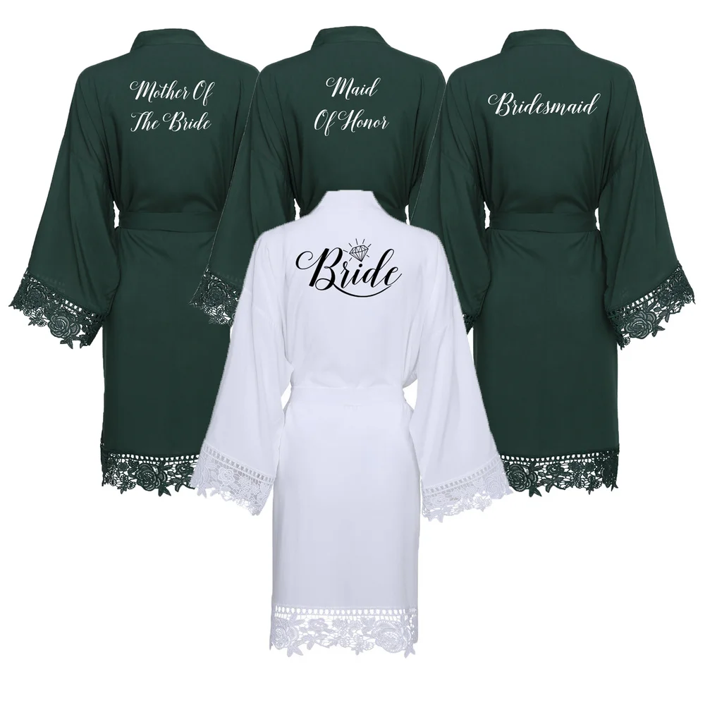 Женское хлопковое кимоно с кружевной отделкой oviter зеленое однотонное свадебное