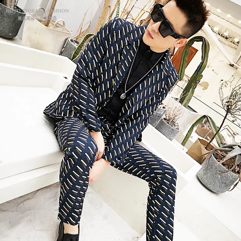 Мужской модный блейзер с принтом пиджак приталенный костюм комплект из 2