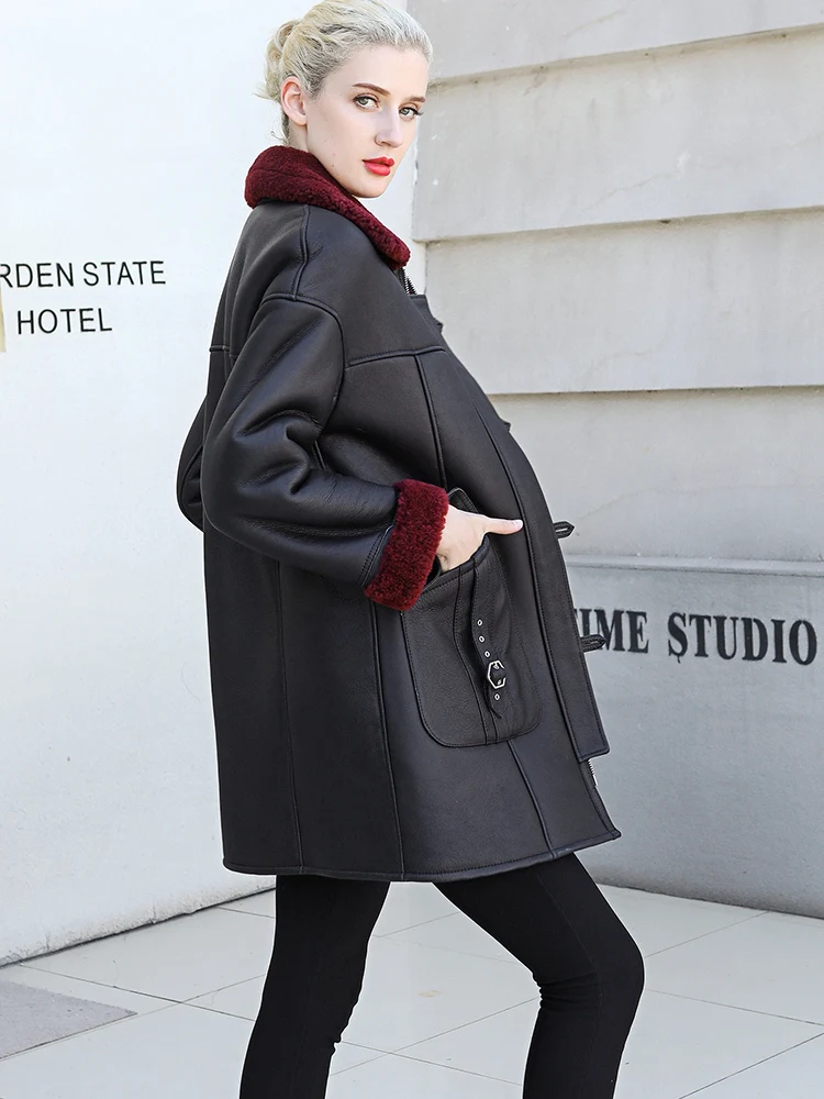 Пальто из натурального меха Женская Зимняя шерстяная подкладка пальто овчины