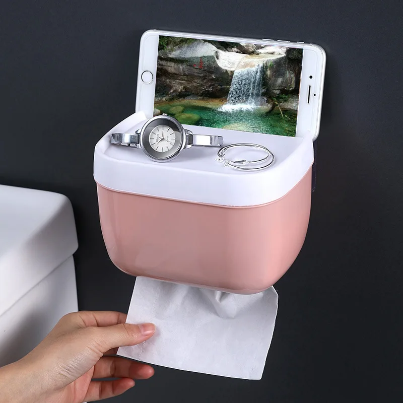 

Wall Mount Tissue Holder for Bathroom Storage Box Punch-Free Home Supplies Phone Rack Case Toilet Paper Holder Waterproof