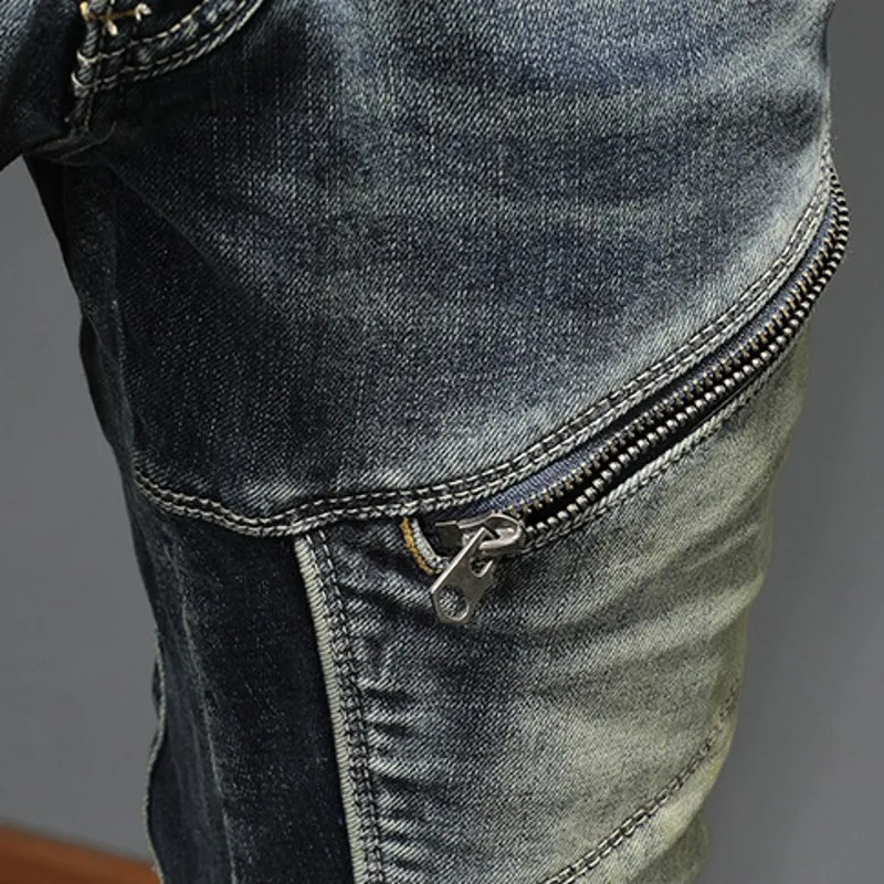 

High Quality Vintage Mens Jeans Zipper Denim Pencil Pants Male Slim Fit Motor Biker Pants Cowboy Casual Long Trousers Jeans 36