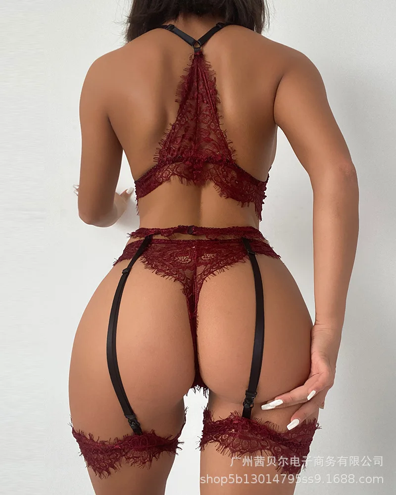 

Mandylandy 3 Piece Sexy Lingerie Lace Bra G-String Garter Belt Women Embroidery Sleepwear Sets Bra Thong Pajamas Garter Babydoll