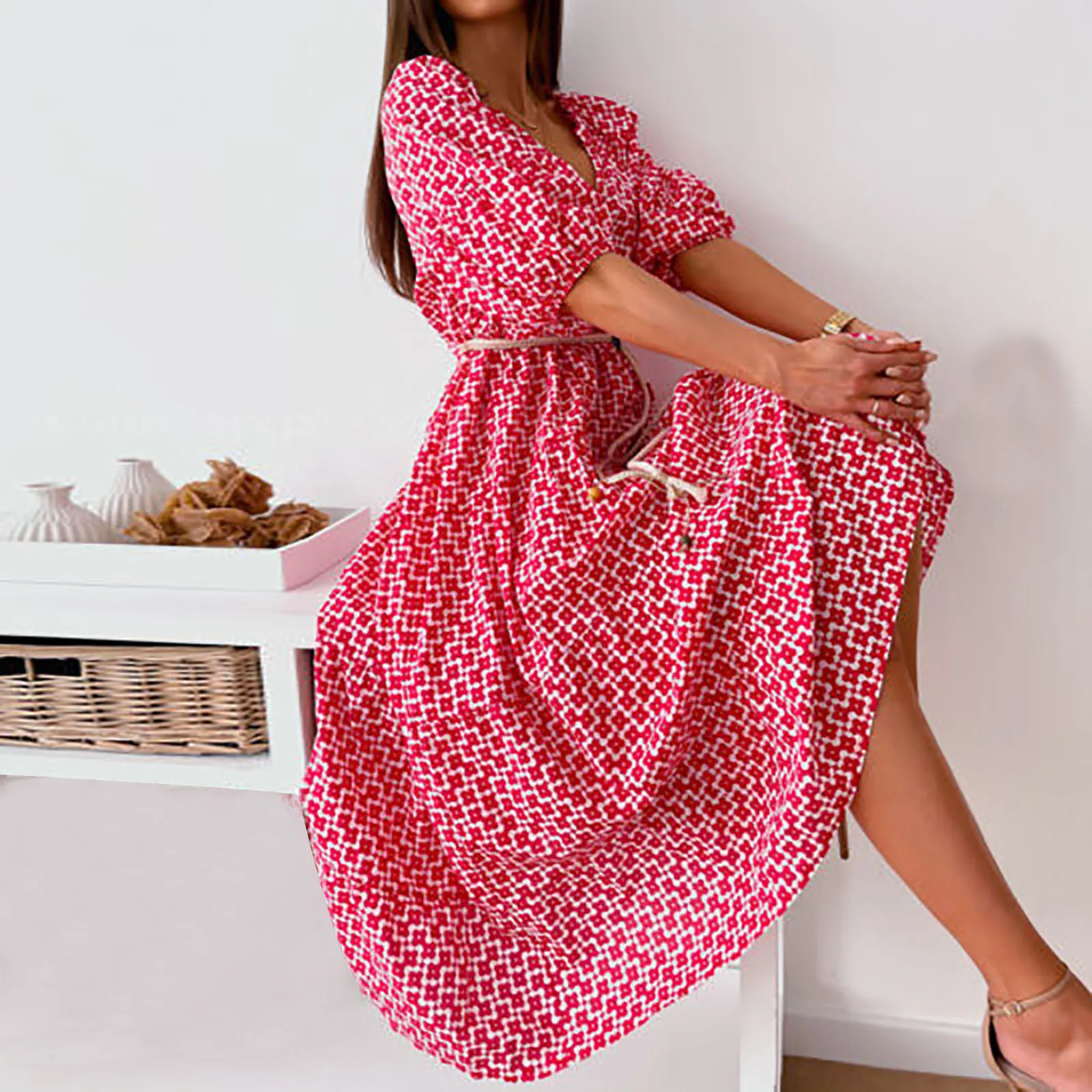 

Ruffles Patchwork Women's Mini Dresses Summer Letter Print V-Neck Short Sleeve Female Dress 2021 Fashion Elegant Ladies Clothes