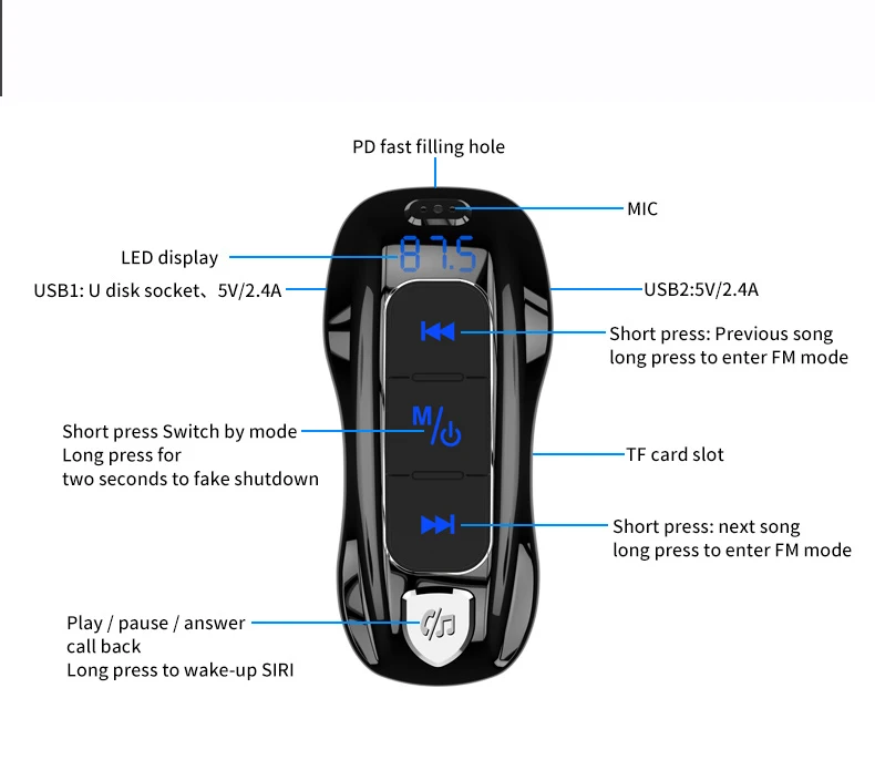 Fm Transmitter Bluetooth-compatible 5.0 PD Car Kit QC 3.0 Fast Charger Support U disk TF card voltage detection MP3 Player | Автомобили и