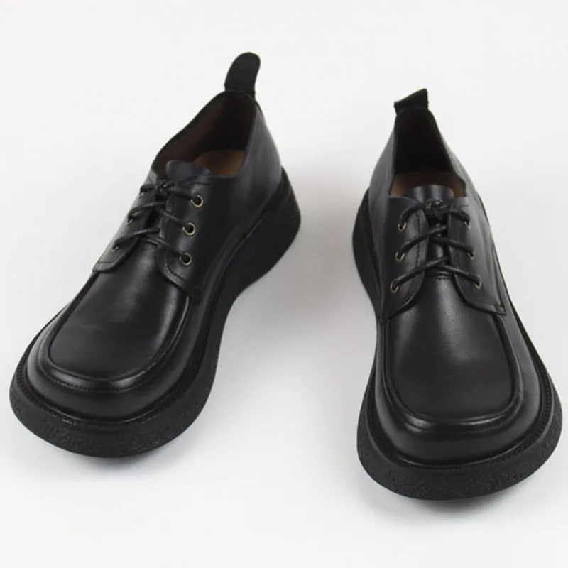 Women's Oxford Shoes Round toe Lace up Woman Flats 100% Genuine Leather Flat Female Shoes Spring Autumn Black Platform Shoes images - 6