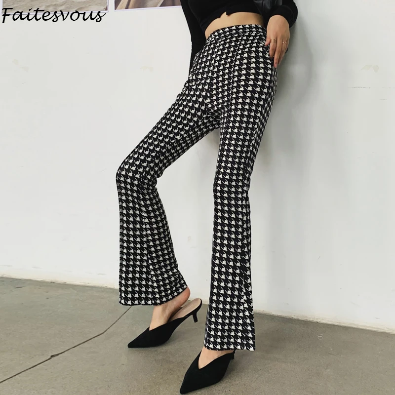 

Classic Plaid Bell Bottom Pants Women Korean High Waist Skinny Pants 2021 Autumn New Style Straight Trousers Female