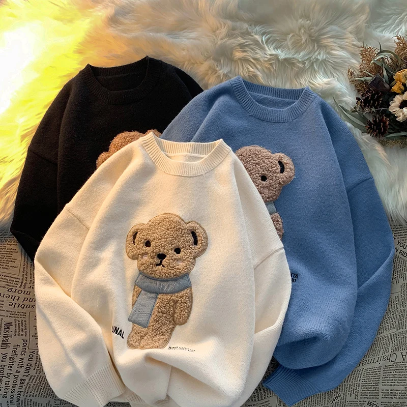 

Женские пуловеры, зимние вязаные джемперы с милым медведем, вязаный свитер в стиле Харадзюку 2021, свободные пуловеры с круглым вырезом, больш...