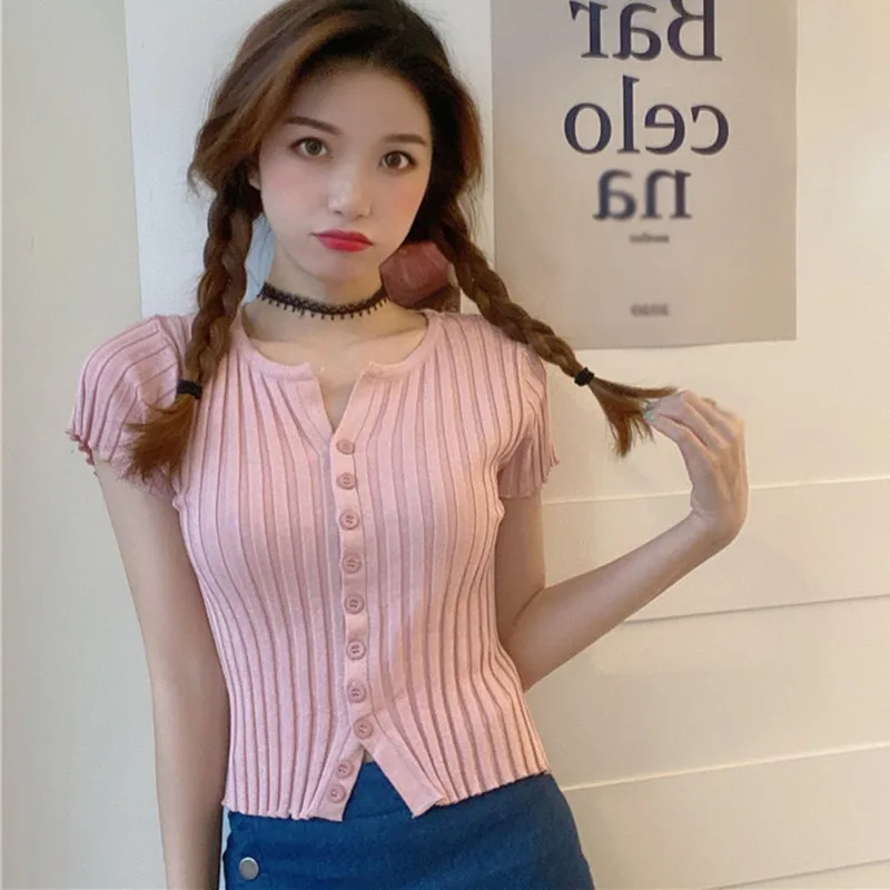 Женская трикотажная Однотонная футболка с v образным вырезом короткий топ