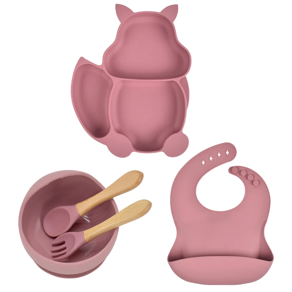 

5 Pcs/Set Silicone Baby Feeding Plate With Sucker Bowl And Spoon Fork Bib Sets Children Tableware Non-slip Suction Cup Dishes