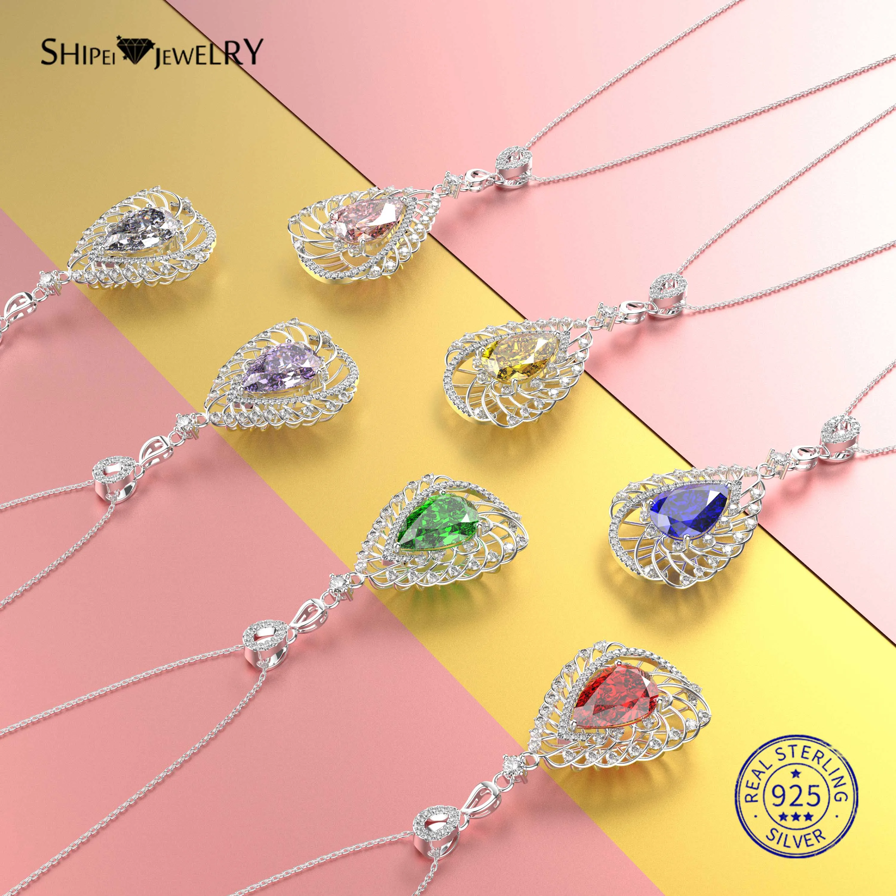 

Shipei 100% 925 Sterling Silver Fine Jewelry White Gold Sapphire Emerald Water Drop Pendant Necklace for Women Birthday Gift