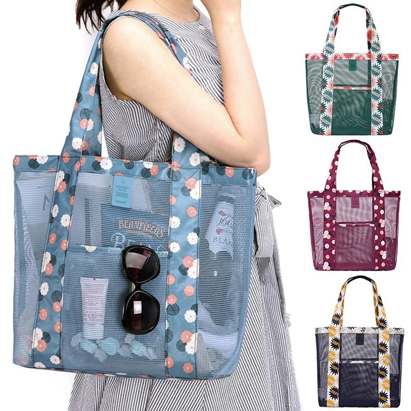 

Mesh Beach Tote Bag with Large Capacity for Outdoor Flower Printed Storage Bag with Side Pouch for Travel Picnic PLDI889