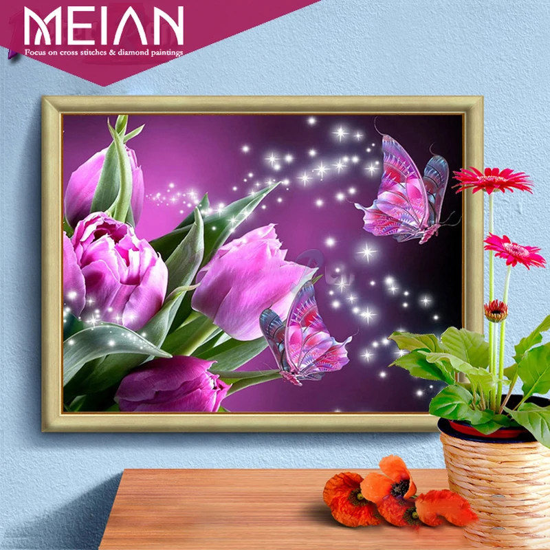 Meian flower 5d алмазная живопись тюльпаны Бабочка вышивка сделай сам полная мозаика