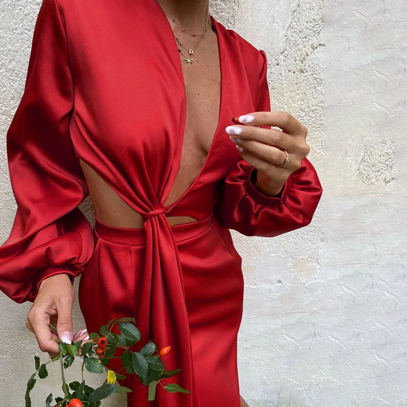 

Элегантное женское атласное платье CHRONSTYLE с узлом, Осеннее однотонное платье-мини с V-образным вырезом, длинным рукавом и высокой талией, 2021