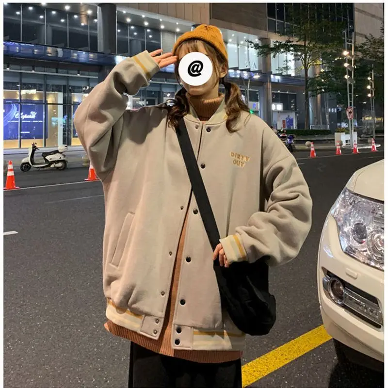

Baseball Uniform Men Women Autumn-winter Thickening All-match Couple Casual Cardigan Jackets Korean Loose Retro Stand Collar Top