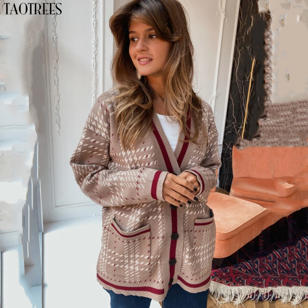 

Taotrees Vintage Ladies pocket Knitted Cardigans Sweaters Women Long Sleeve V-neck Office Fashion Tops Cardigans