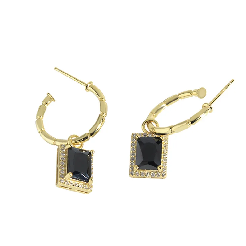 

CZ European Trendy S925 Sterling Silver Black Baguette Plated Gold Earrings Charm For Women Fine Jewelry