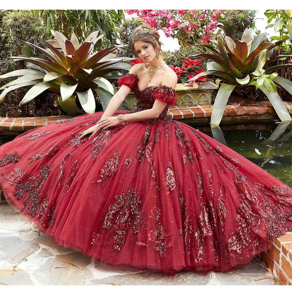 

2021 великолепные красные платья Quinceanera с золотой аппликацией блестками с открытыми плечами платье для выпускного вечера Vestido De Festa Sweet 16