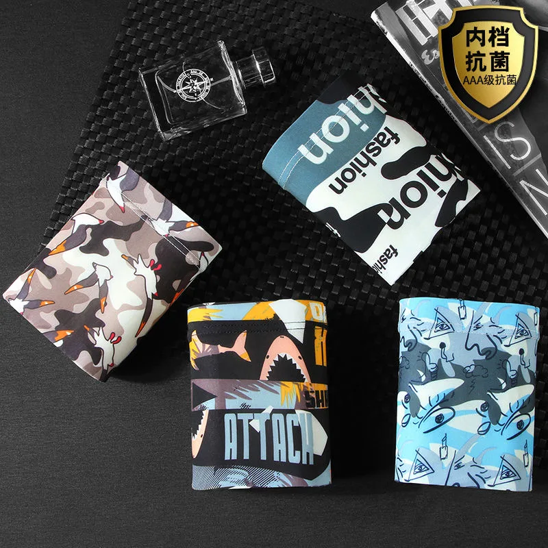 4pcs/lot Ice silk Men Underwear Boxer Male Panties Breathable Man Printing Underpants Comfortable Men Underwear Shorts