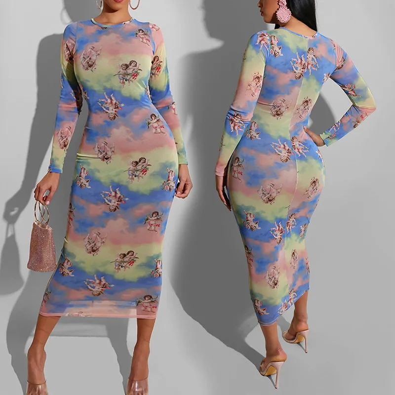 

2021 Fashion Printed Pencil Sheath Slim Casual Party Club Dress Women's Long Sleeve Straight Net Yarn Printed Mid-length Skirt