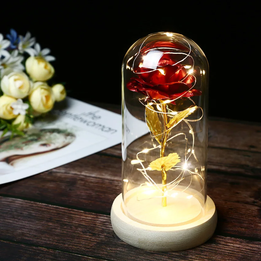 Beauty And The Beast Enchanted LED Red Rose Glass Dome Lighted Home Decor Gifts  A Wooden Base For Valentine's Gifts LED Rose